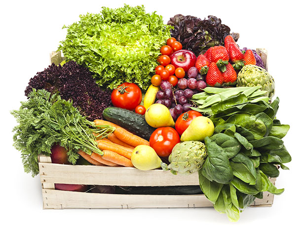 Assortment of fruits and vegetables inside box